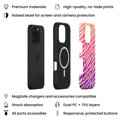 Afterglow MagSafe phone case featuring painterly beige waves stretching over a vivid gradient of orange, pink, and purple, layers view on iPhone