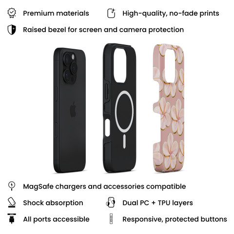 Beach Date - Blush MagSafe phone case featuring glossy blush-pink plumeria flowers with gold-rimmed petals on a muted dusty rose background, layers view on iPhone