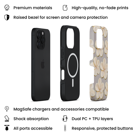 Beach Date - Ivory MagSafe phone case featuring glossy ivory plumeria flowers with golden edges on a warm grey background, layers view on iPhone