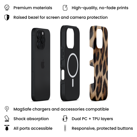 Big Cat MagSafe phone case featuring bold leopard fur print design, layers view on iPhone