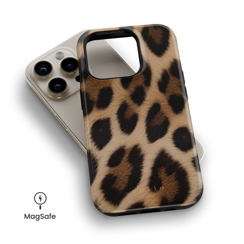 Big Cat MagSafe phone case featuring bold leopard fur print design, top down view on iPhone