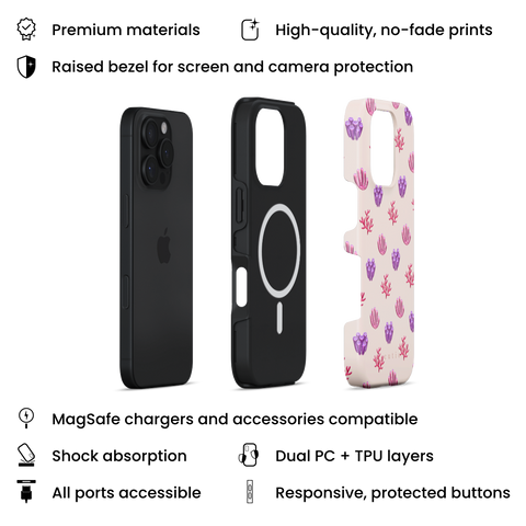 Blooming Coral MagSafe phone case featuring glossy red, pink, and purple coral motifs scattered over a pale blush background, layers view on iPhone