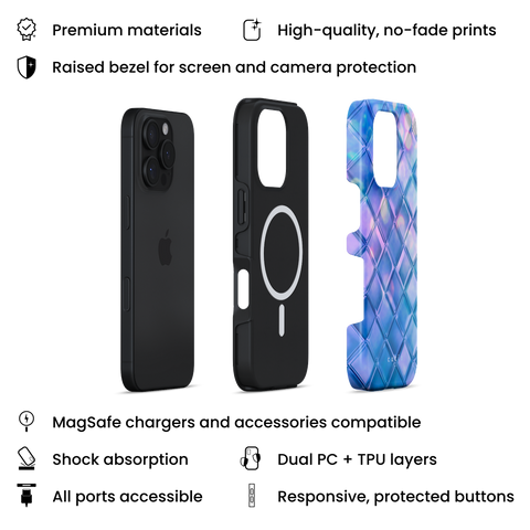 Blue Tint MagSafe phone case featuring whimsical bokeh light behind blue-tinted glass design, layers view on iPhone