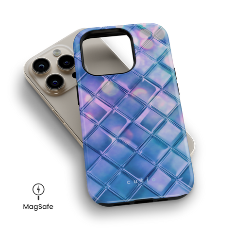 Blue Tint MagSafe phone case featuring whimsical bokeh light behind blue-tinted glass design, top down view on iPhone