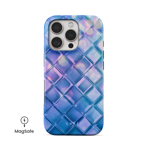 Blue Tint MagSafe phone case featuring whimsical bokeh light behind blue-tinted glass design, front view on iPhone