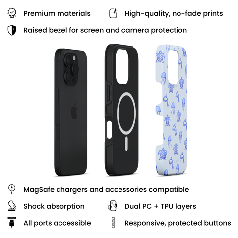 Blue Drift MagSafe phone case featuring glossy blue turtles, dolphins, and jellyfish floating on a cool pale blue background, layers view on iPhone