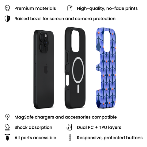 Blue Hydrangea MagSafe phone case featuring abstract glossy blue hydrangea flower pattern with orange centers on a deep navy blue background, layers view on iPhone