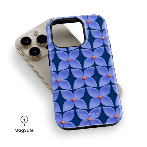 Blue Hydrangea MagSafe phone case featuring abstract glossy blue hydrangea flower pattern with orange centers on a deep navy blue background, top down view on iPhone