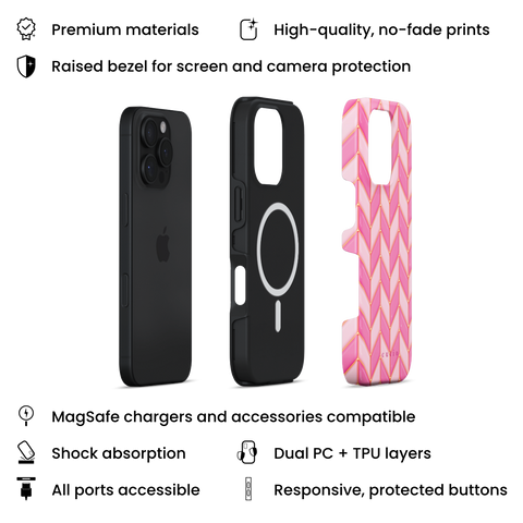 Blush Chevron MagSafe phone case featuring glossy 3D-effect chevron pattern in alternating blush and pink with gold trim details, layers view on iPhone