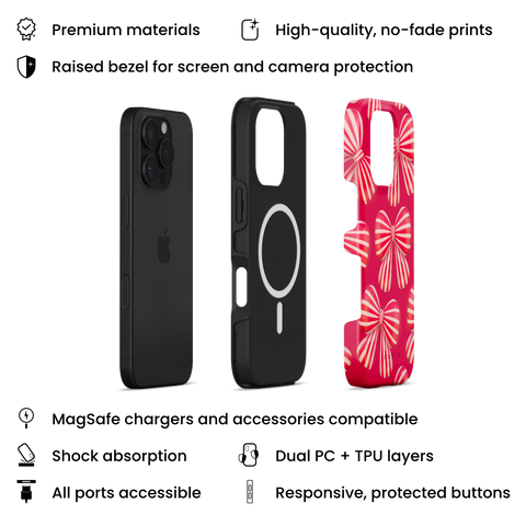 Bow Chic MagSafe phone case featuring bold, eye-catching red-striped bows on a vibrant red backdrop, layers view on iPhone