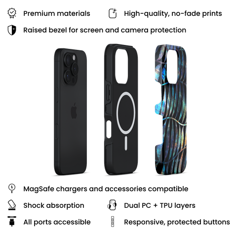 Branching MagSafe phone case featuring abstract leaves pattern with iridescent overlay on black background design, layers view on iPhone