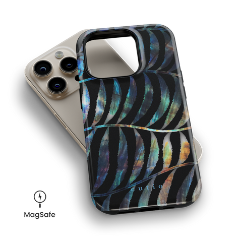 Branching MagSafe phone case featuring abstract leaves pattern with iridescent overlay on black background design, top down view on iPhone