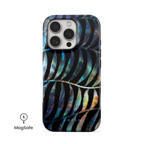 Branching MagSafe phone case featuring abstract leaves pattern with iridescent overlay on black background design, front view on iPhone
