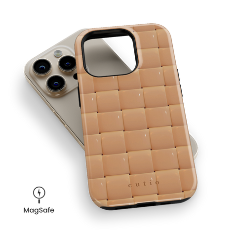 Bubbly Camel MagSafe phone case featuring glossy woven pattern in camel, top down view on iPhone