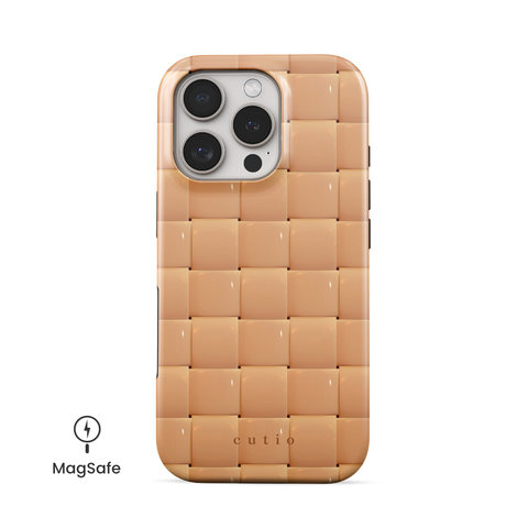 Bubbly Camel MagSafe phone case featuring glossy woven pattern in camel, front view on iPhone