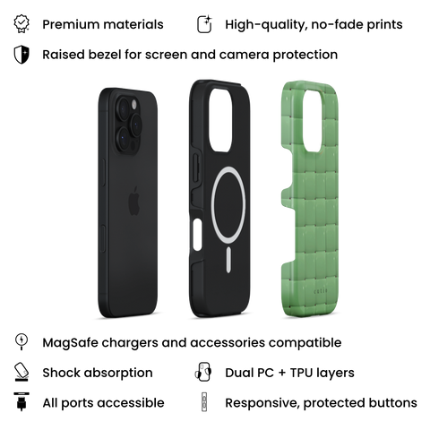 Bubbly Moss MagSafe phone case featuring glossy woven pattern in moss green, layers view on iPhone