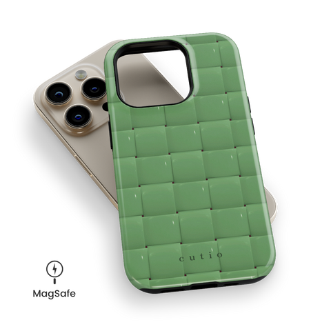 Bubbly Moss MagSafe phone case featuring glossy woven pattern in moss green, top down view on iPhone