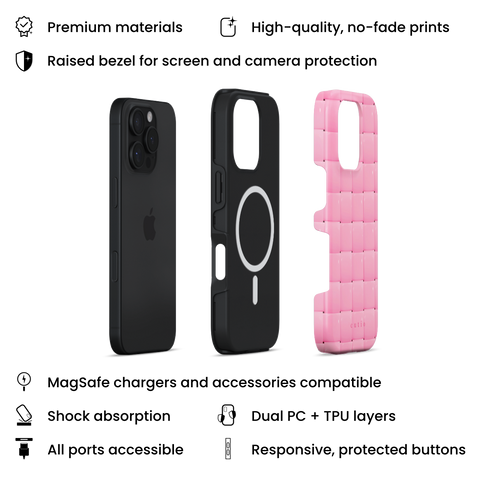Bubbly Pink MagSafe phone case featuring glossy woven pattern in soft pink, layers view on iPhone