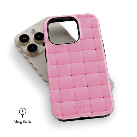 Bubbly Pink MagSafe phone case featuring glossy woven pattern in soft pink, top down view on iPhone