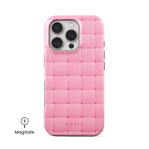 Bubbly Pink MagSafe phone case featuring glossy woven pattern in soft pink, front view on iPhone
