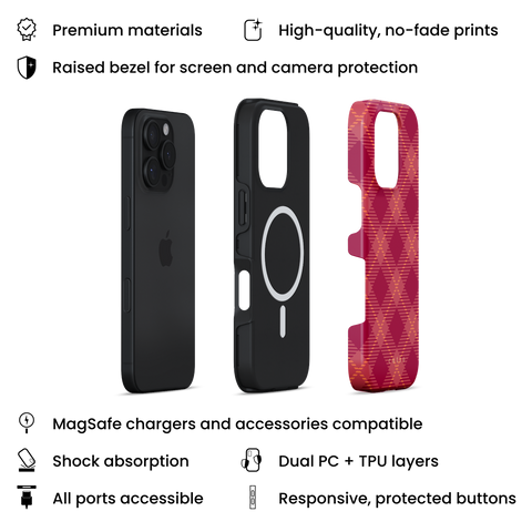 Cecil MagSafe phone case featuring bold and vibrant plaid pattern in deep pink hues with yellow-gold accent, layers view on iPhone