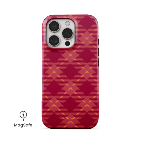 Cecil MagSafe phone case featuring bold and vibrant plaid pattern in deep pink hues with yellow-gold accent, front view on iPhone