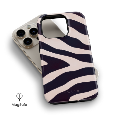 Cheeky MagSafe phone case featuring abstract zebra print design, top down view on iPhone