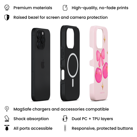 Cherry Pop MagSafe phone case featuring glossy 3D-style hot pink cherries adorned with gold sparkles, tied together by a cute pink bow, layers view on iPhone