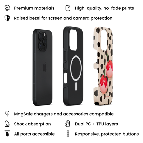 Choco Cherries MagSafe phone case featuring charming 3D-look white chocolate-covered red cherries set against black dots pattern on a soft beige background, layers view on iPhone