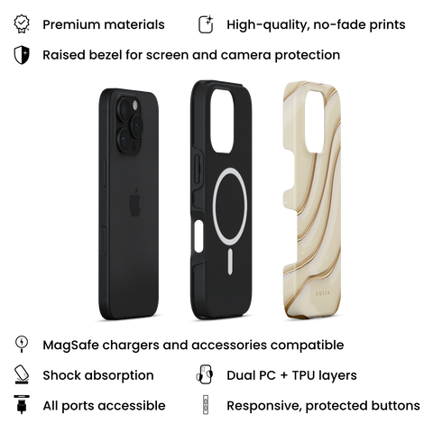 Claire MagSafe phone case featuring elegant, minimalist gold line art on soft beige background, layers view on iPhone