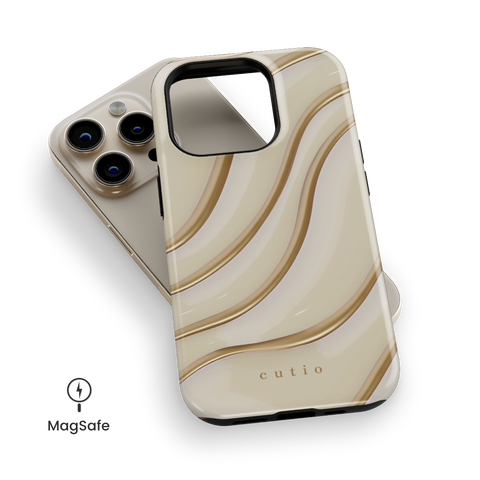 Claire MagSafe phone case featuring elegant, minimalist gold line art on soft beige background, top down view on iPhone