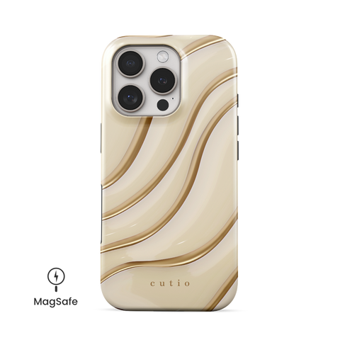 Claire MagSafe phone case featuring elegant, minimalist gold line art on soft beige background, front view on iPhone