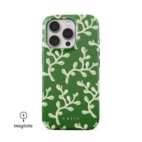 Come Spring MagSafe phone case featuring refreshing abstract leaves pattern on a mossy green background, front view on iPhone