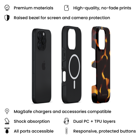 Daring MagSafe phone case featuring tortoiseshell design in dark brown and amber, layers view on iPhone