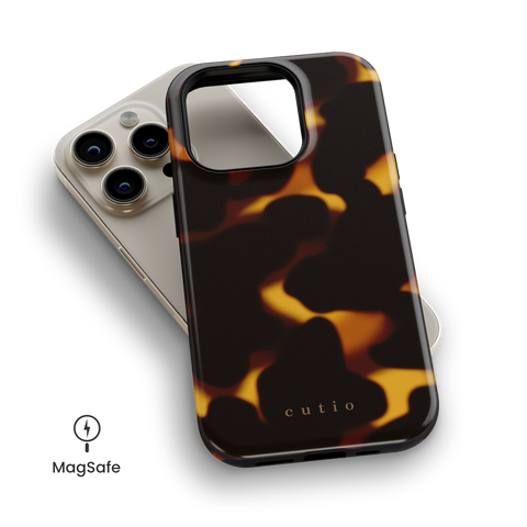 Daring MagSafe phone case featuring tortoiseshell design in dark brown and amber, top down view on iPhone