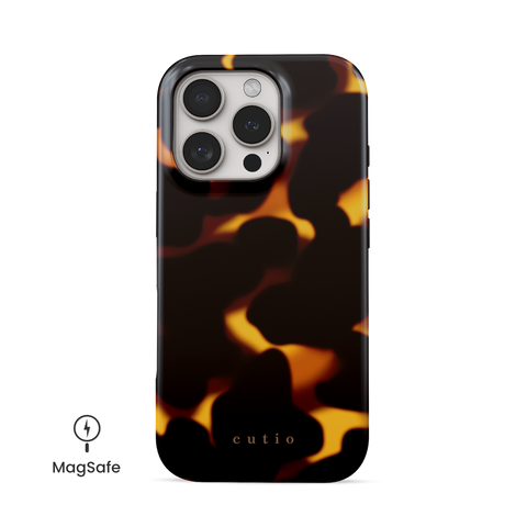 Daring MagSafe phone case featuring tortoiseshell design in dark brown and amber, front view on iPhone