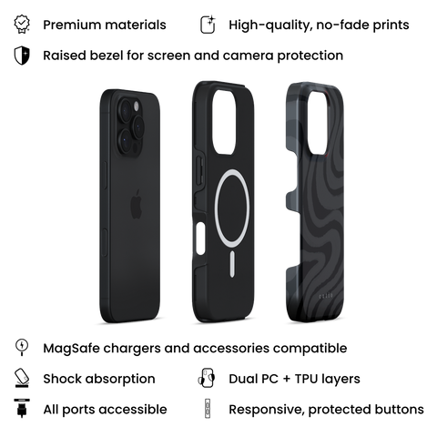 Desert Night MagSafe phone case featuring mysterious dark grey swirls pattern on black background, resembling desert sand under the night sky, layers view on iPhone