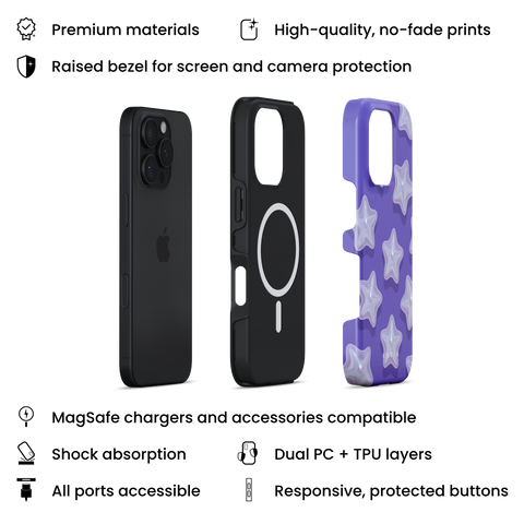 Dreamer MagSafe phone case featuring star-shaped pearls on blueish purple background design, layers view on iPhone