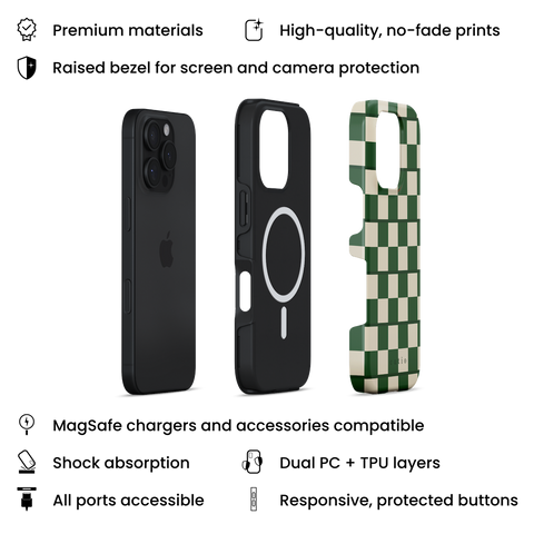 Emerald Checks MagSafe phone case featuring elegant beige and emerald green checkered pattern, layers view on iPhone