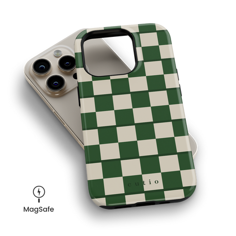 Emerald Checks MagSafe phone case featuring elegant beige and emerald green checkered pattern, top down view on iPhone
