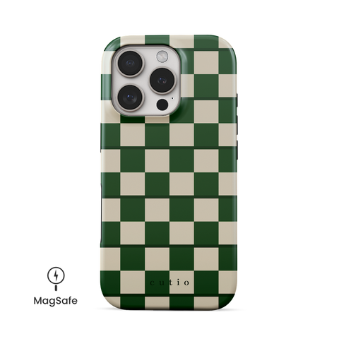 Emerald Checks MagSafe phone case featuring elegant beige and emerald green checkered pattern, front view on iPhone