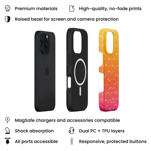 First Light MagSafe phone case featuring wavy beige lines flowing across a soft yellow to pink gradient, evoking early sunlight shimmering over the ocean, layers view on iPhone
