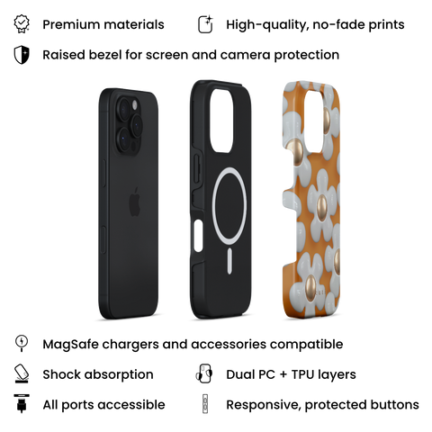 Flower Charm MagSafe phone case featuring elegant 3D metallic white daisies on a warm mustard yellow background, layers view on iPhone