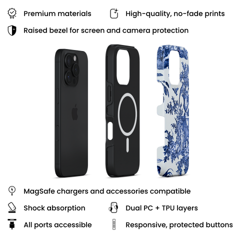 Four Fountains MagSafe phone case featuring "Les Quatres Parties du Monde" Design (1788) by Jean–Baptiste Marie Hüet, layers view on iPhone