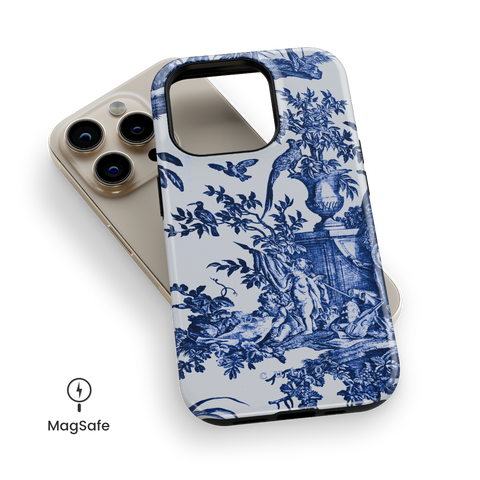 Four Fountains MagSafe phone case featuring "Les Quatres Parties du Monde" Design (1788) by Jean–Baptiste Marie Hüet, top down view on iPhone