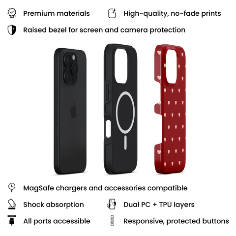 Full Of Hearts MagSafe phone case featuring cute and playful pink hearts pattern on bold red background, layers view on iPhone