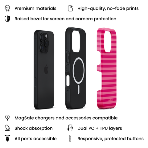 Girls Day MagSafe phone case featuring feminine, bright pink stripes pattern, layers view on iPhone