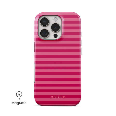 Girls Day MagSafe phone case featuring feminine, bright pink stripes pattern, front view on iPhone