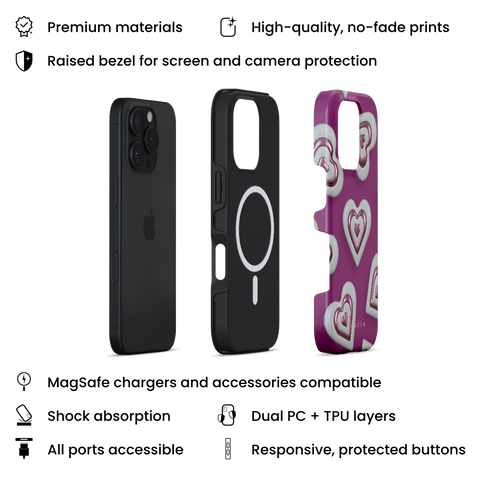 Heart Charm MagSafe phone case featuring vibrant 3D metallic pink hearts on a bold magenta pink background, layers view on iPhone