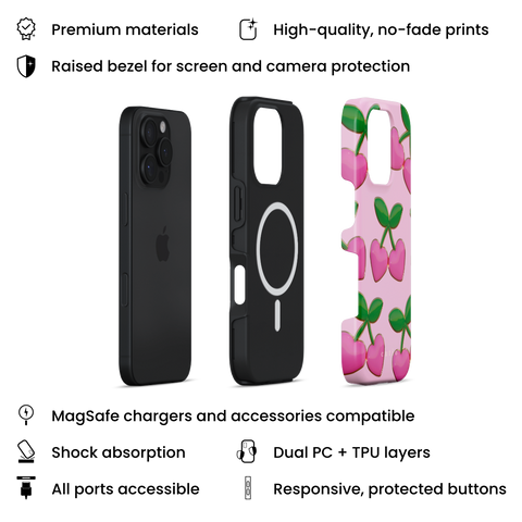Hearted MagSafe phone case featuring adorable 3D-look pink hearts and green leaves with gold details on sweet pink background, layers view on iPhone